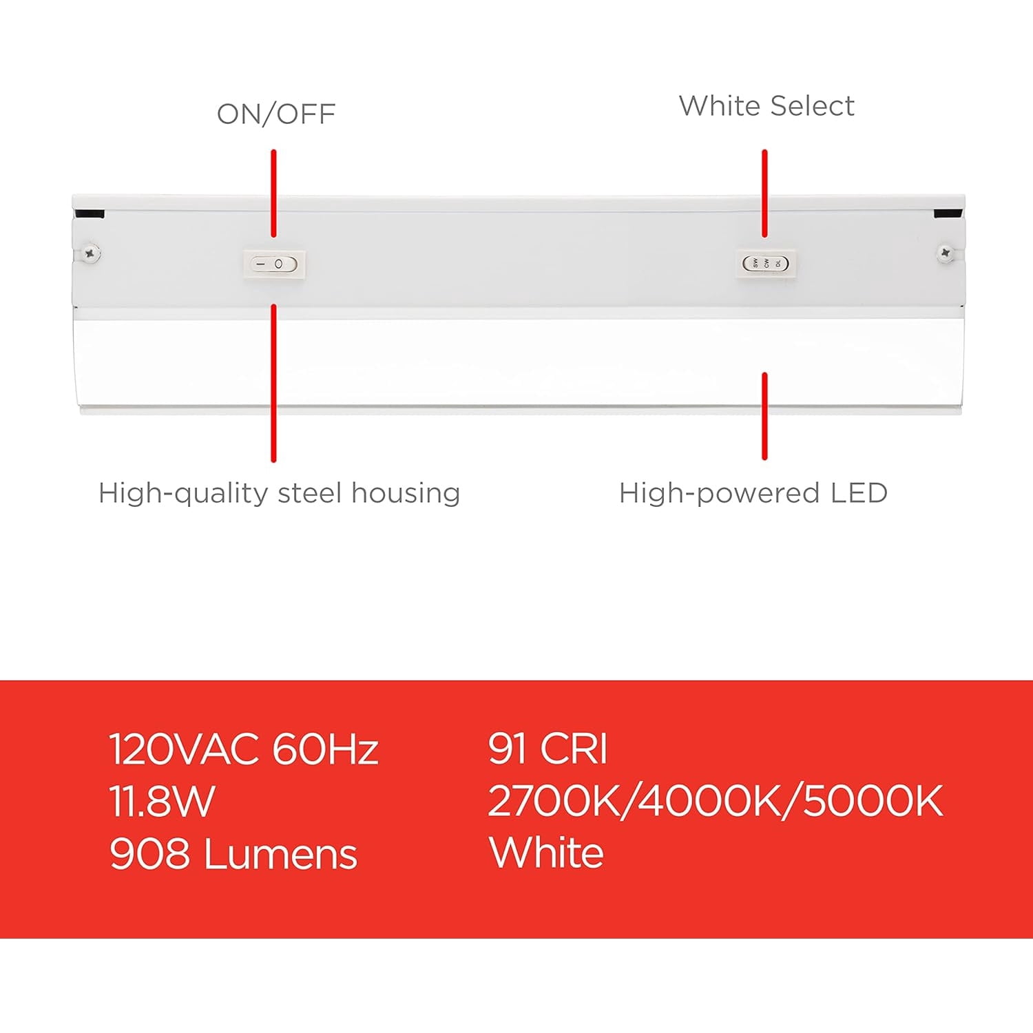 24 inch Hardwired Under Cabinet Lights, 3 Color Settings - 2700K/4000K/5000K - Warm White, Cool White, and Daylight, Under Cabinet Lighting, Dimmable Under Counter Lights for Kitchen, 45368