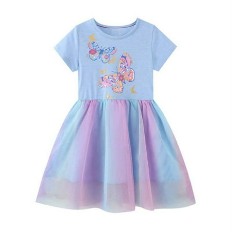 

TAIAOJING Toddler Baby Girls Dress Butterfly Print Short Sleeve Kids Princess Summer Tulle Dress Blue Cotton Sundress For 5 Years