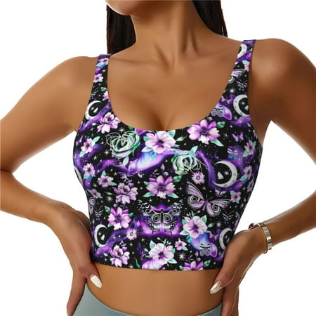 Adobk Pink purple rainbow flower butterfly Print Sports Bras for Women Longline Workout Crop Tank Tops Padded with Built in Shelf Padded Sports Bra-Medium