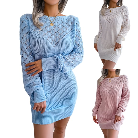 Women's Sweater Dress Knit Dress Cold Shoulder Hollow Out Collar Long Sleeve Pullover Winter Dress for Casual,Blue,L