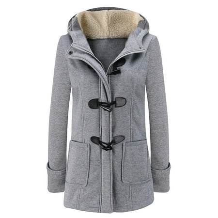 Women Hooded Jacket Duffle Coat Buckle Zipper Front Plus Size Warm ...
