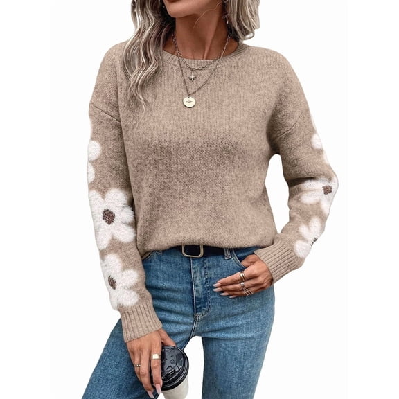 Women'S Floral Pattern Crewneck Long Sleeve Drop Shoulder Sweaters Pullover Tops S