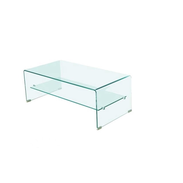 Heavenly Collection Glass Coffee Table with Shelf in Clear, Clear Glass Coffee Table with Shelf, Waterfall Coffee Table with Shelf, Coffee Table with Shelf