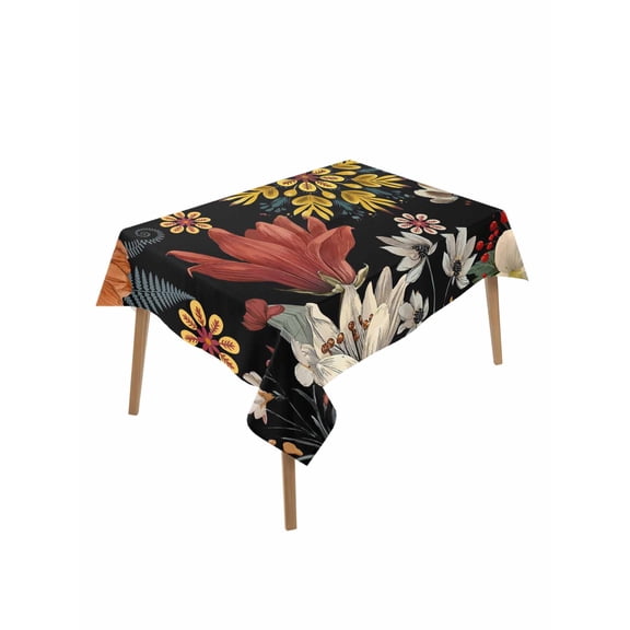 Bohemia Rectangle Tablecloth, Vintage Boho Floral Flowers Leaves Plants Black Waterproof & StainResistant Tablecloth, Washable Oil-proof Table Cover for Dining/Party/Wedding/Camping/Buffet 60x84 In