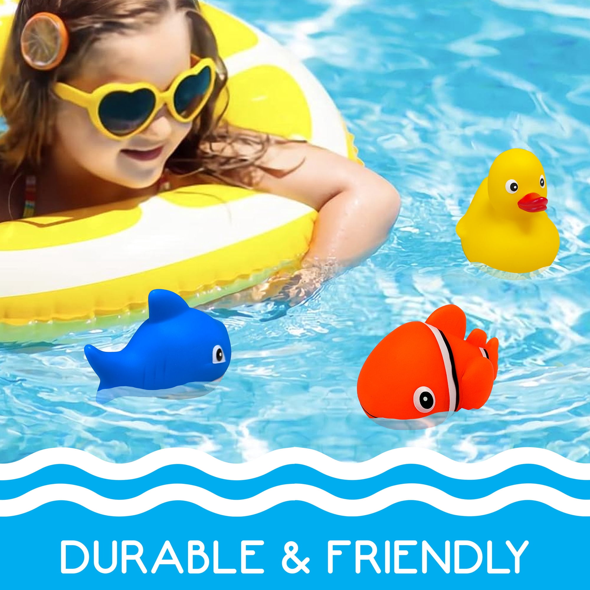 RIPLE: LED Light Up - Pal - 1pc Assorted Style - Duck, Shark Or Clownfish - Character Pool Toy, Floating Water Buddies, Bath Play, Auto Light, Kids 3+