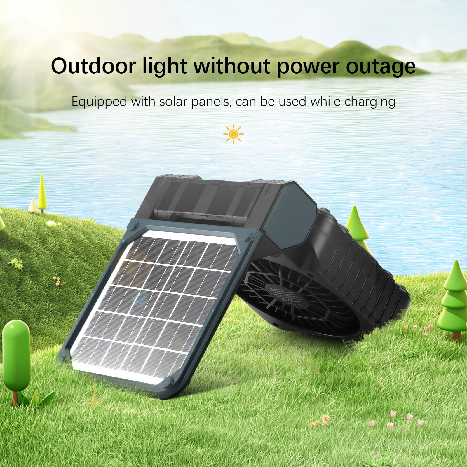 Solar Camping fan, Camping Fan with Solar Panel, LED Ligh, 4 Speeds USB Rechargeable Solar Powered Fan for Camping Fishing Travel