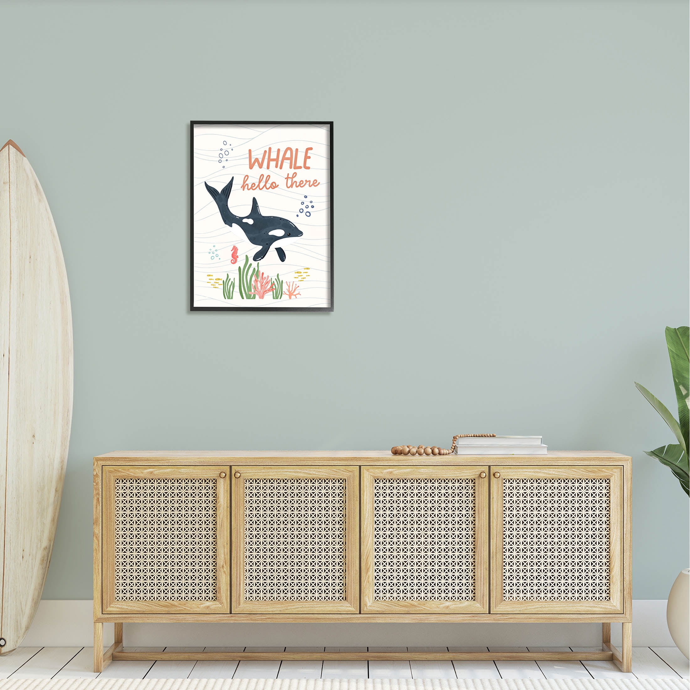 Stupell Industries Whale Hello There Orca Graphic Art Black Framed Art Print Wall Art, Design by Nina Blue