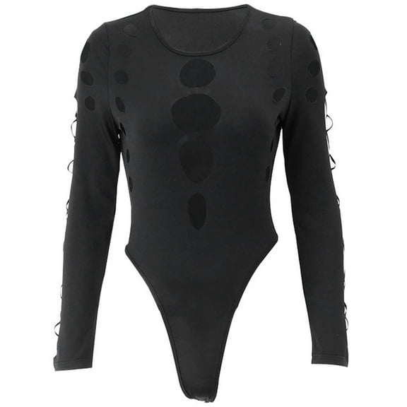 Huhudde Women's Long Sleeve Round Neck Bodysuits Cutout Hollow Out Jumpsuit Leotard Trendy Going Out Tops Shirt Streetwear