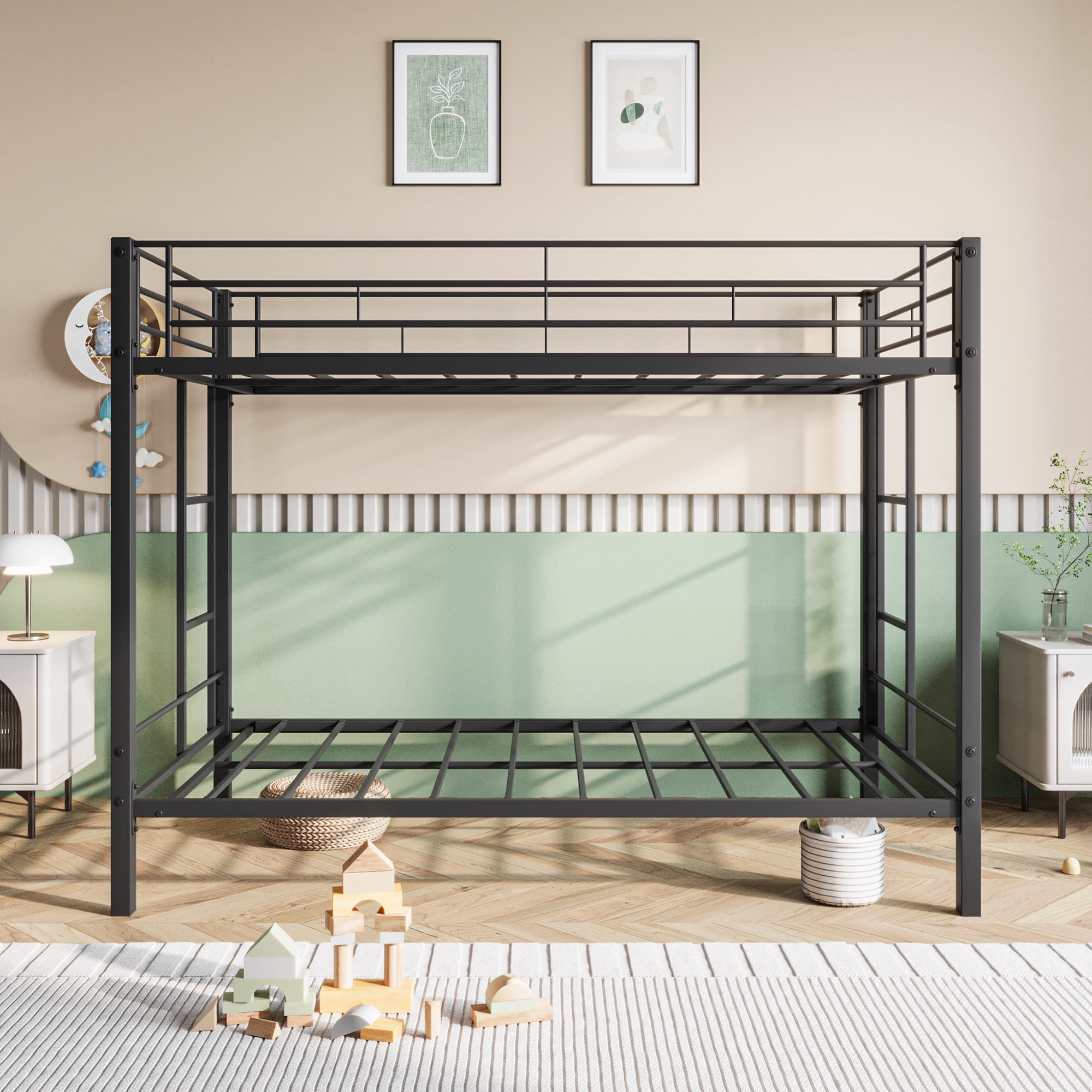 MAYEERTY Black Twin-over-Twin Metal Bunk Bed: Heavy-Duty with Shelf, No Box Spring Needed​