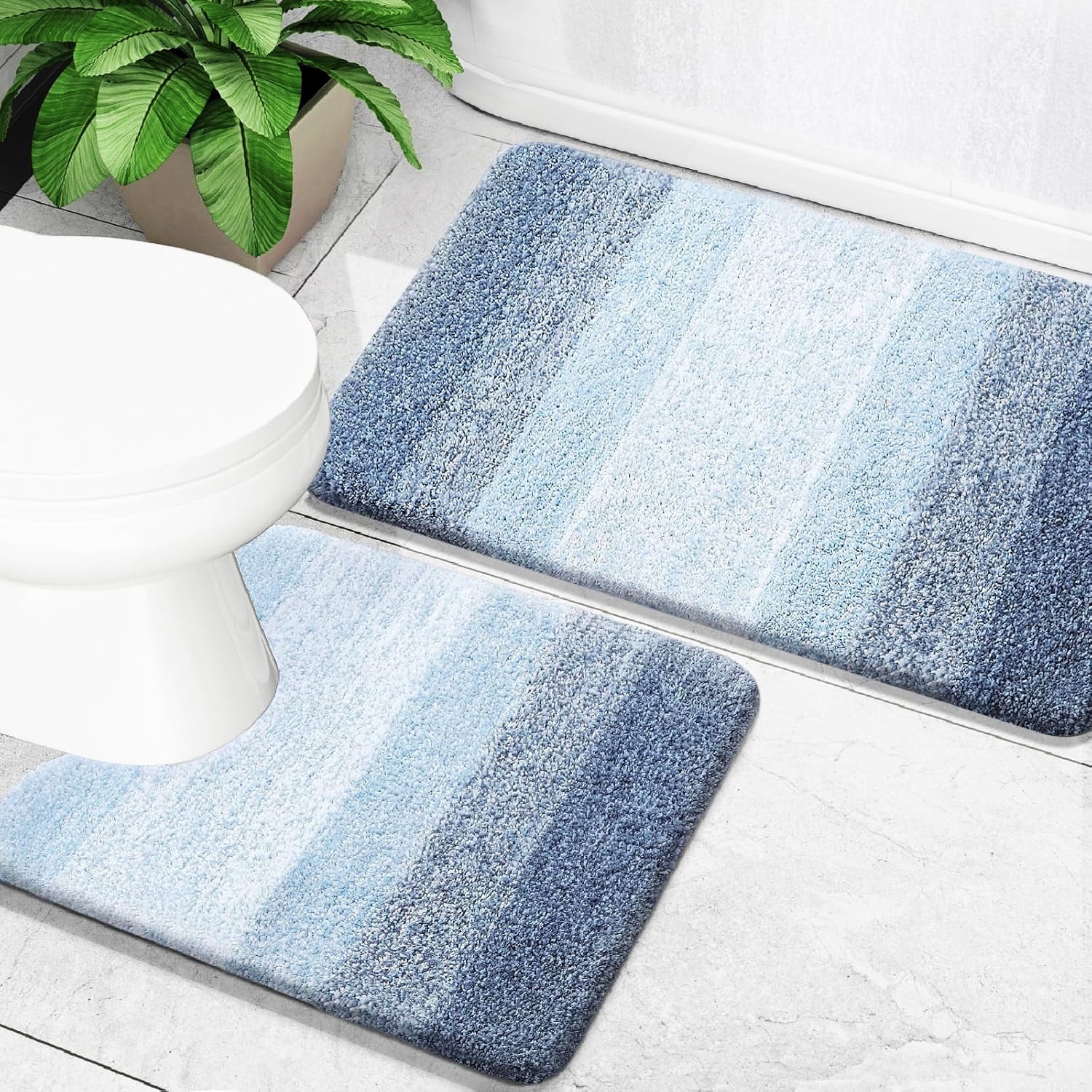 Evlmd Bathroom Rugs Sets 2 Piece, Soft Absorbent Microfiber Bath Rug Set, Non-Slip, Machine Wash Dry, Plush Shaggy Bath Mats for Bathroom (24"x16"+U-24"x20", Blue)