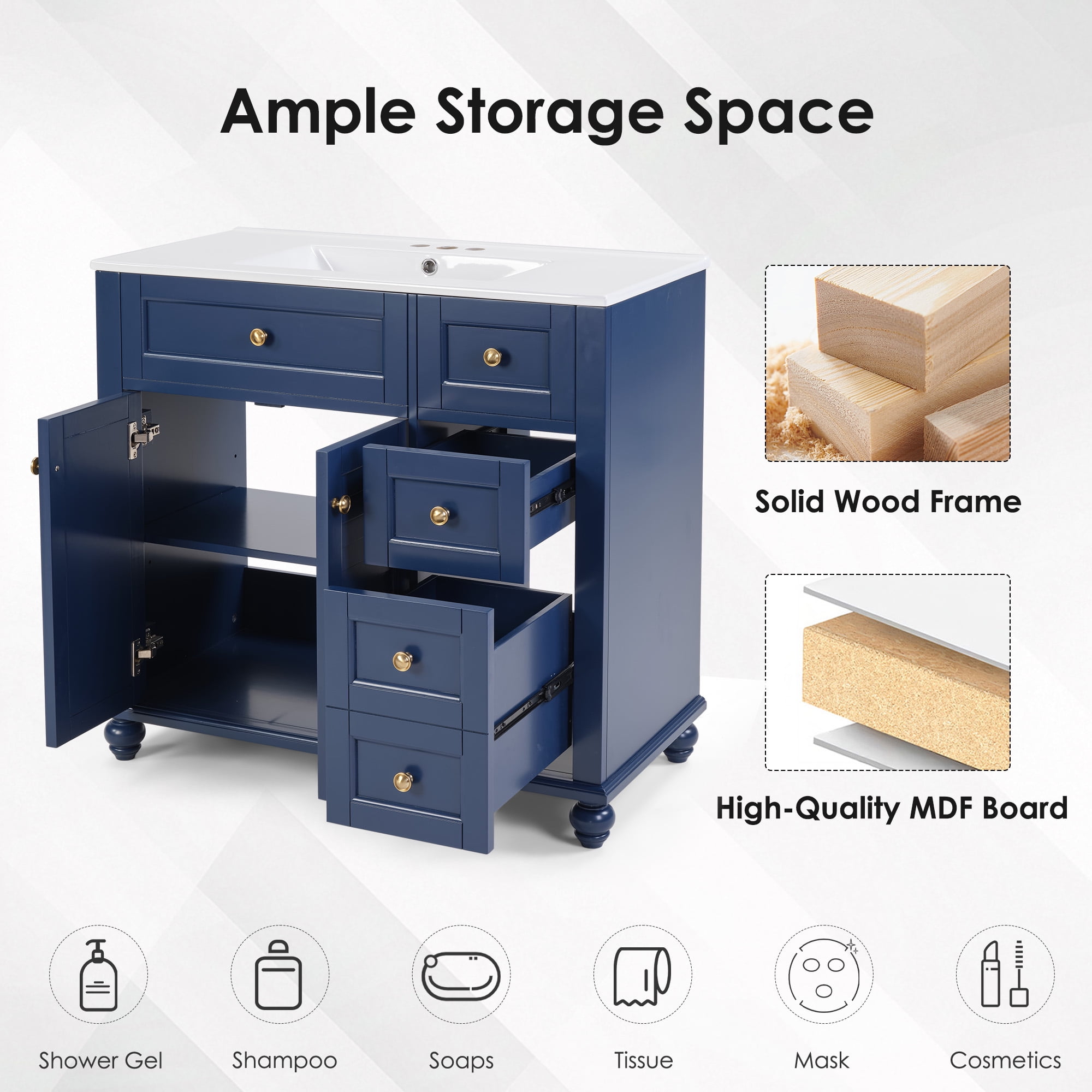 Bathroom Vanity, Vanity with Sink, Storage Vanity 36 Inch with Integrated Ceramic Sink Soft Close Drawers Multi Tier Storage Solid Wood Frame for Bathroom, Blue