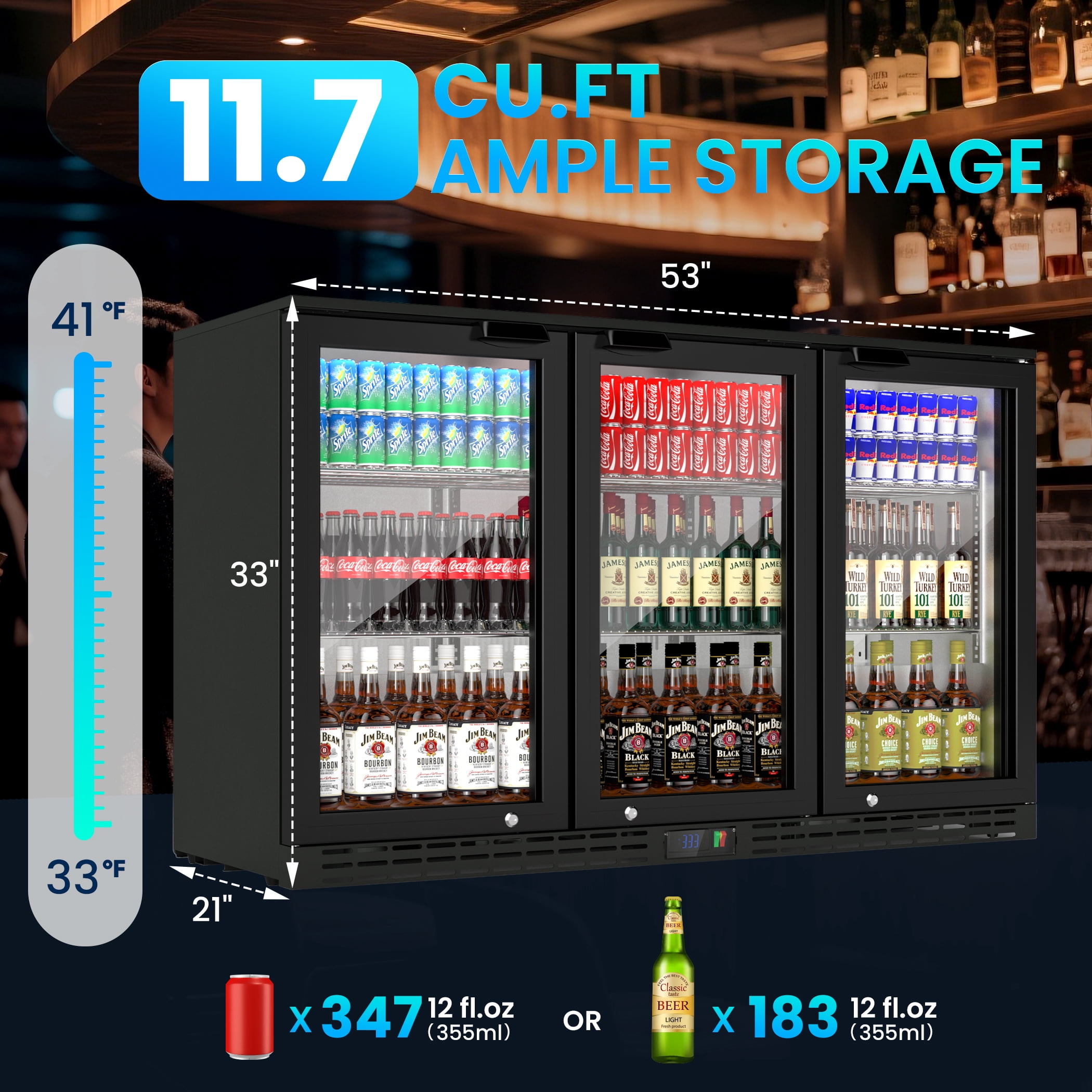 Coolake 53" 11.7 cu.ft Commercial Back Bar Cooler with 3 Glass Doors, Under Counter Height Beverage Refrigerator in Stainless Steel with LED Lighting for Soda Drinks, Beer, Wine
