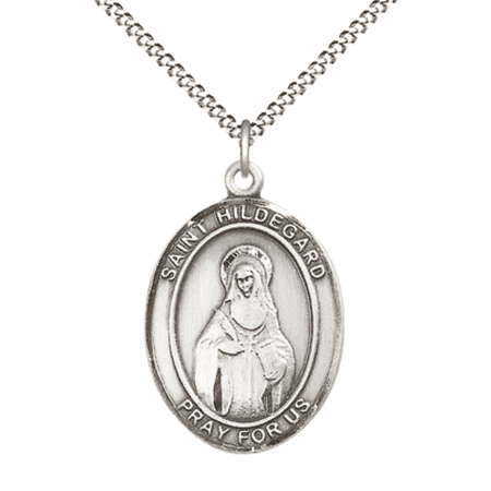 .925 Sterling Silver Saint Hildegard von Bingen Medal Pendant on 18" Rhodium Plated Lite Curb Brass Chain w/ Lobster Claw Clasp,Catholic Religious Necklace -Made in USA- Velvet Gift Box