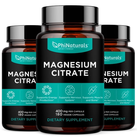 Magnesium Citrate Powder Capsules 400mg Supplement (Pack of 3) by Phi Naturals
