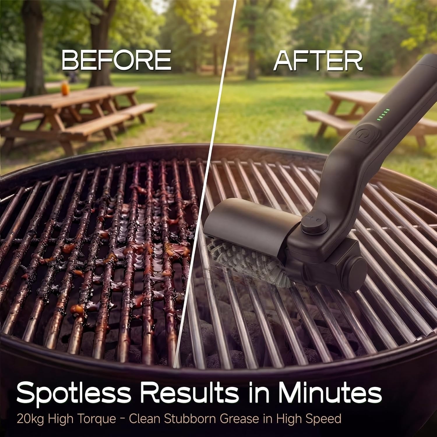 Electric Grill Brush, High Torque Grill Brush with 3-Speed Modes, 20kg Max Torque BBQ Cleaner Safe for Porcelain Cast Iron Stainless Steel, Reinforced Steel Bristles, Type-C Rechargeable