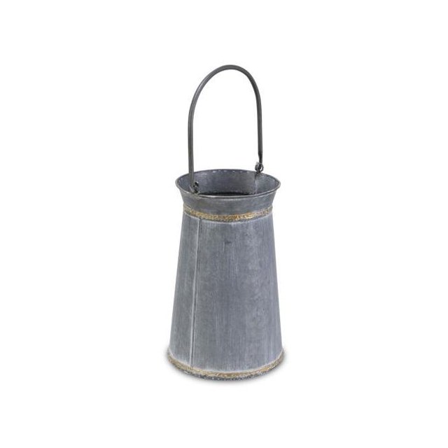 Tall Round Galvanized Planter with Top & Bottom Gold Welding Accents & Swivel Handle