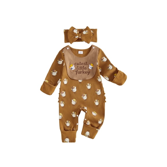Cjfdfy Newborn Baby Girl Boy Thanksgiving Outfit Cutest Little Turkey Long Sleeve Ribbed Romper Removable Bib Snd Headband Infant Cute My First Thanksgiving Clothes 0-6M 
