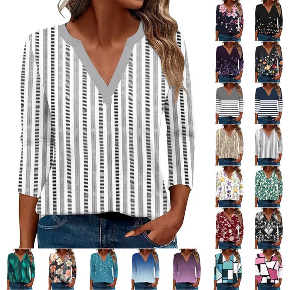 Smsaxvxz Womens Summer Tops Fashion Striped Printed V Neck 3/4 Sleeve Casual Loose Shirts Gray XL