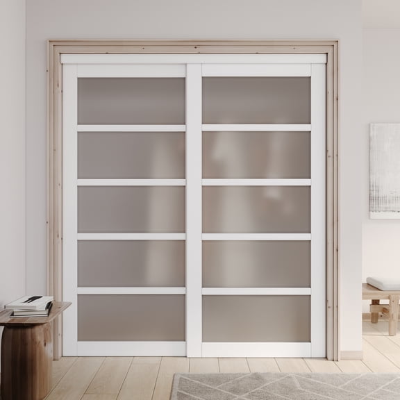 96" x 80" Primed 5-Lite Frosted Glass Panels Sliding Closet Door with Installation Hardware Kit