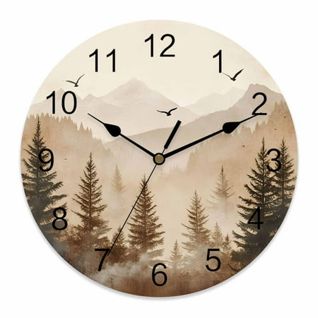 Wall Clock Bird Forest Clocks PVC Silent Non-Ticking Battery Operated Decorative Mountain Tree Nature Woods Round Clock for Home Living Room Kitchen Bedroom Office School Wall Decor 10 Inch