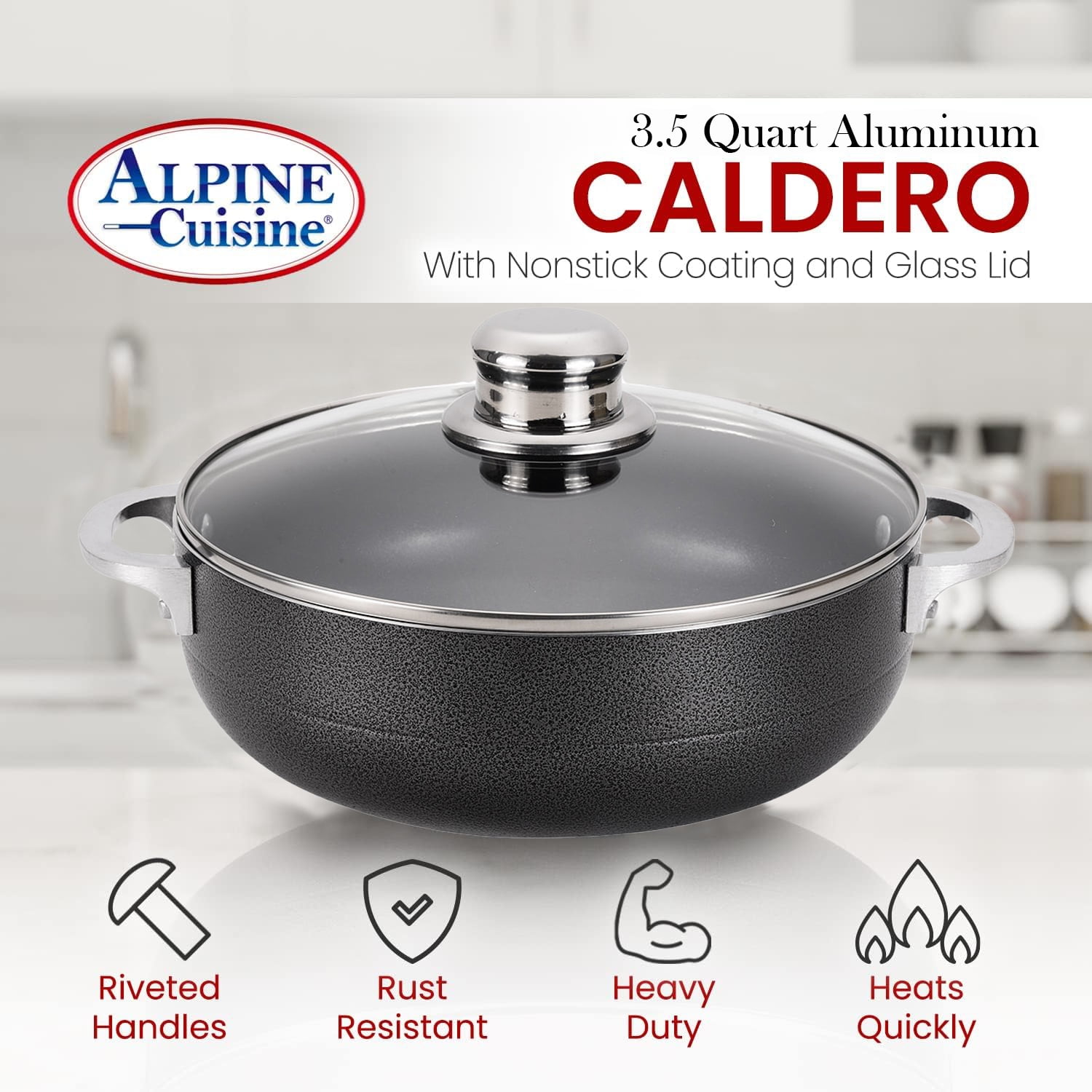 Alpine Cuisine 13-Quart Aluminum Caldero Stock Pot with Glass Lid, Cooking  Dutch Oven Performance for Even Heat Distribution, Perfect for Serving  Large & Small Groups, Riveted Handles Commercial Grade 