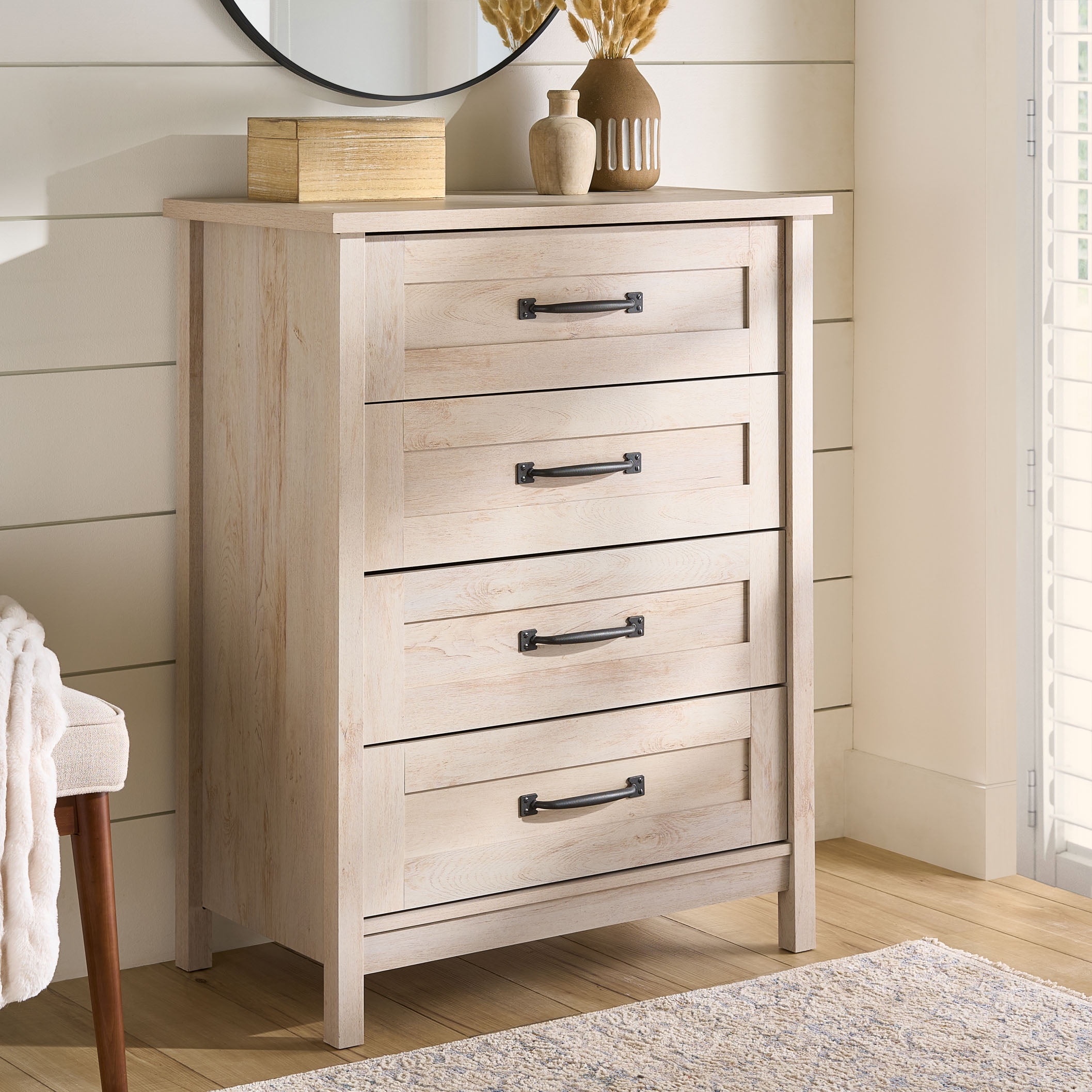 Better Homes & Gardens Modern Farmhouse 4-Drawer Dresser, Rustic White Finish