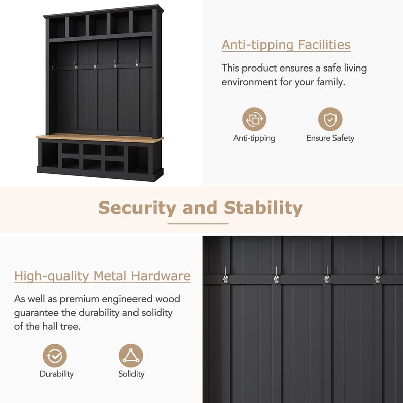 Howcool Farmhouse Hall Tree with Storage Bench & 6 Hooks for Mudroom, Living room,Black