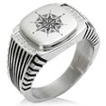 thumbnail image 1 of Stainless Steel Nautical Mandala Lotus Compass CZ Ribbed Needle Stripe Pattern Biker Style Polished Ring, 1 of 1
