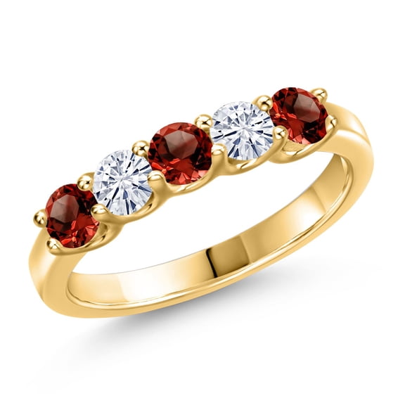Gem Stone King 18K Yellow Gold Plated Silver Red Garnet and White Moissanite Wedding-Bands Ring for Women | 0.92 Cttw | Round 3.5MM | Gemstone January Birthstone | Size 7