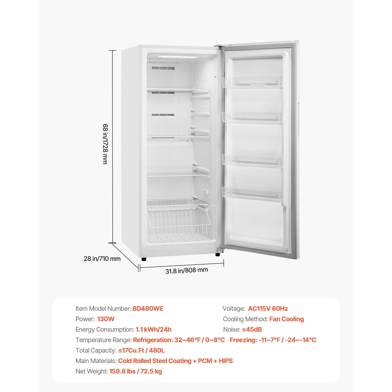 KFFKFF Convertible Upright Freezer/Refrigerator, Upright Freezer/Refrigerator, Cold Rolled Steel Coating PCM HIPS, 28×31.8×68 in