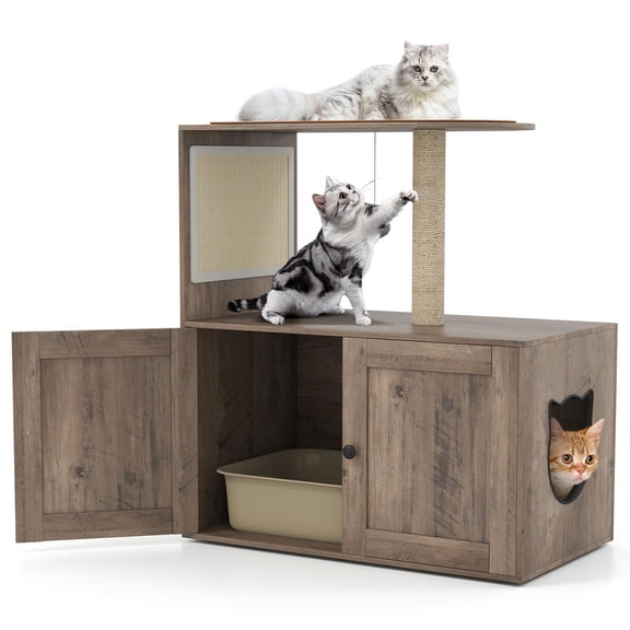 Barara King 34.5Inch Cat Tower with Litter Box Enclosure, Cat Tree with Sisal Scratching Post and Mat, Modern Cat Tower Tree for Indoor Cats, Gray