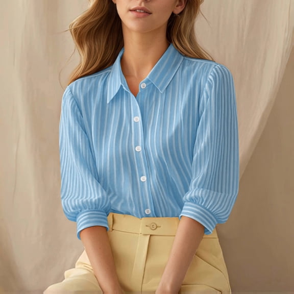 ClodeEU Women's Striped Collared 3/4 Sleeve Puff Sleeve Button Shirt, Elegant Blouse for Office and Casual Wear Blue,Women's Plus L