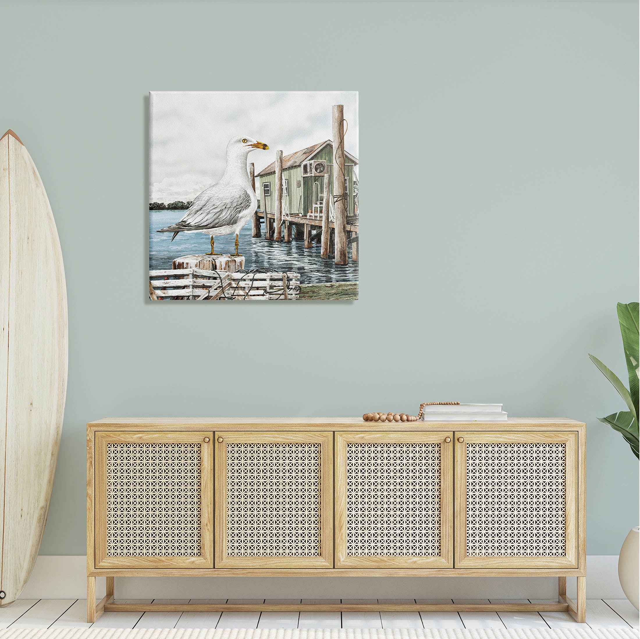 Coastal Seagull Perched Dock Marina Animals & Insects Painting Gallery Wrapped Canvas Print Wall Art