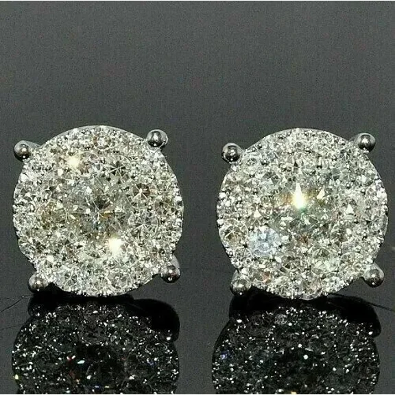 2Ct Round Cut Lab Created Diamond Women's Men's Cluster Stud Earrings in 14K White Gold Plated