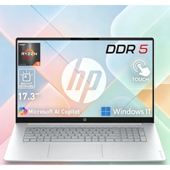 HP OmniBook 3 17.3 Inch Touchscreen Laptop,16GB DDR5& 1TB SSD,AMD Ryzen 5 130(Beat i5-1334U) Processor, Windows 11 Pro, FHD IPS Display, Backlit Keyboard, WiFi 6, Numeric Keypad
