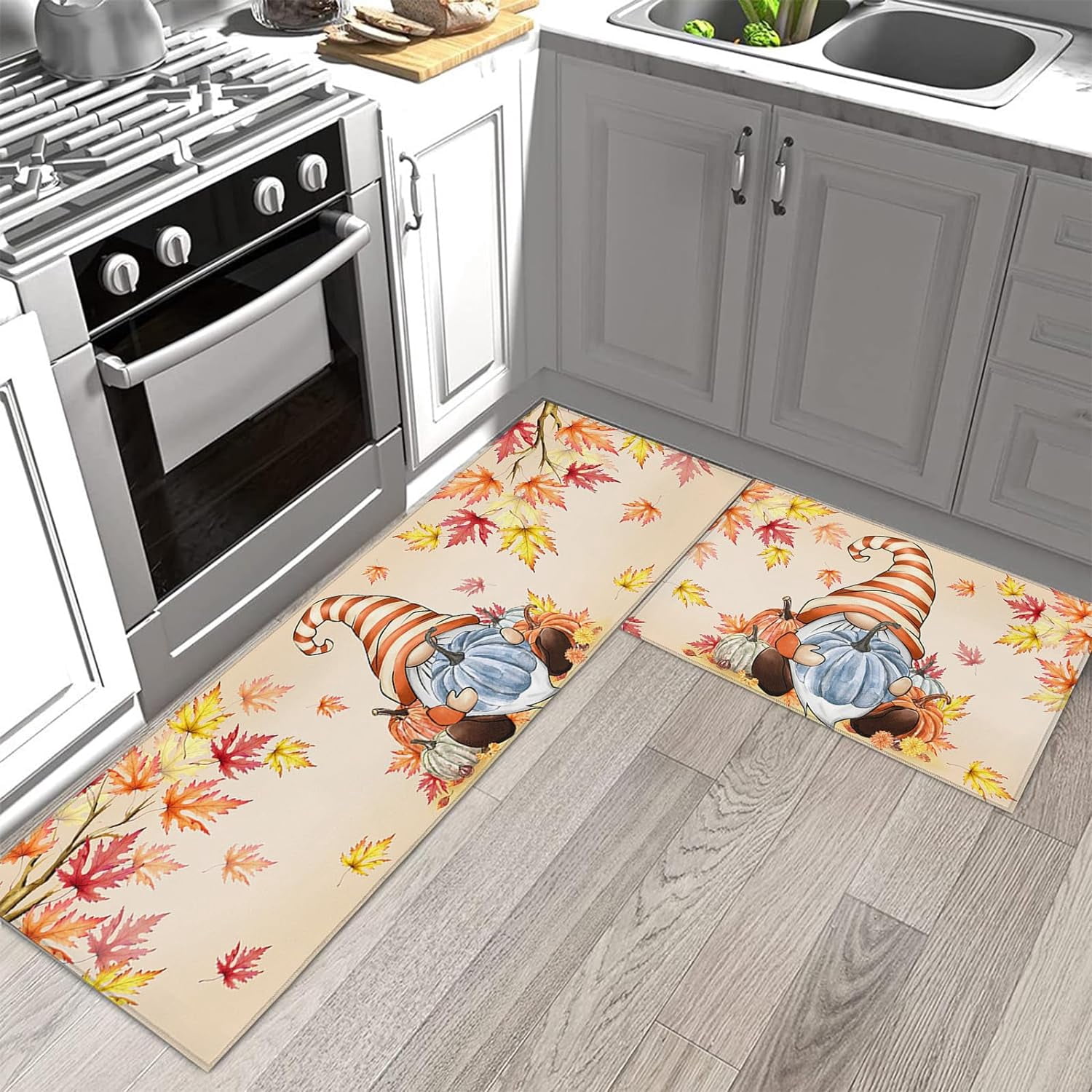 Farm Gnomes with Pumpkins Kitchen Rugs and Mats Non Skid Washable Floor Doormat, Autumn Harvest Maple Leaf Branch 2 Piece Comfort Sink Standing Rug Area Runner Non-Slip Rubber Backing Mat Orange