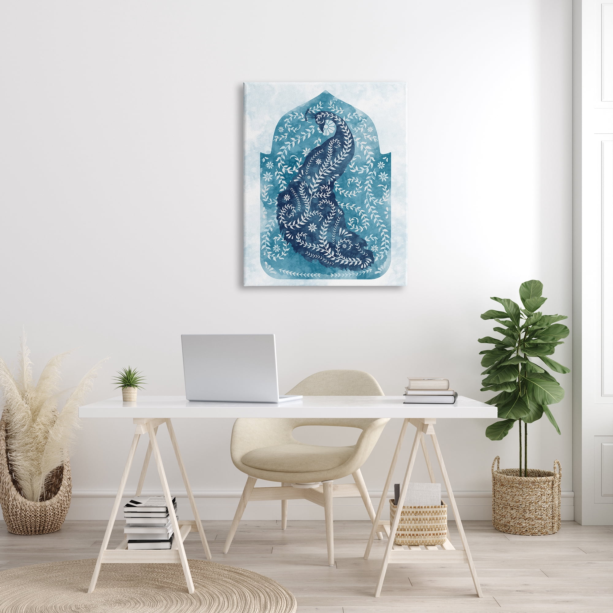 Stupell Industries Arabesque Peacock Jungle Vines Bird White Blue Watercolor Canvas Wall Art Design by Ziwei Li, 30" x 40"