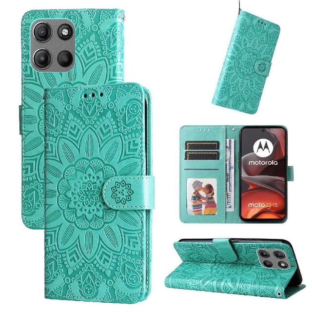 Funda tipo cartera GANGXUN para Motorola Moto G15 Power , diseño girasol, cuero PU, soporte, cierre magnético, tarjetero