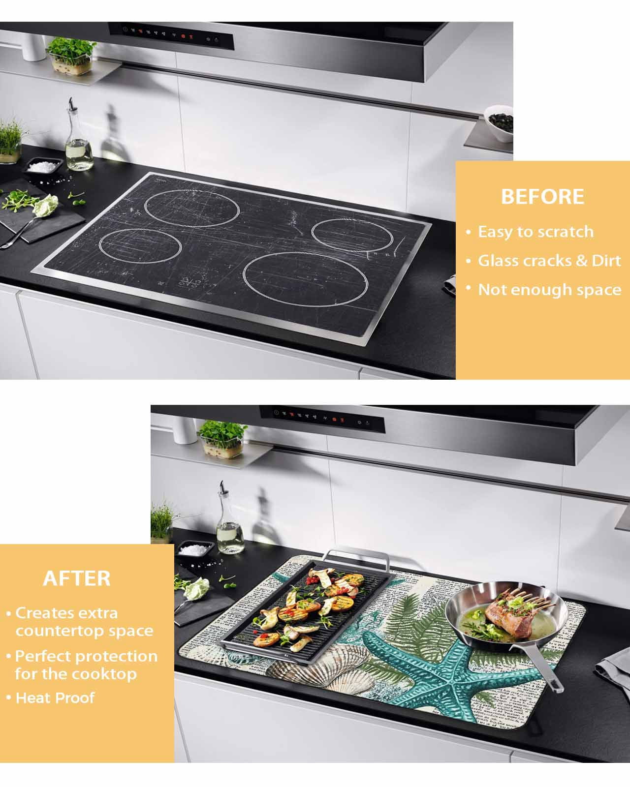 nqOlkjepod Large Induction Cooktop Protector Mat 31"x24", Coastal Teal Starfish Stove Top Covers for Electric Stove, Summer Ocean Beach Shell Pine Leaf Stove Burner Cover Mats, Glass Top Stove Cover