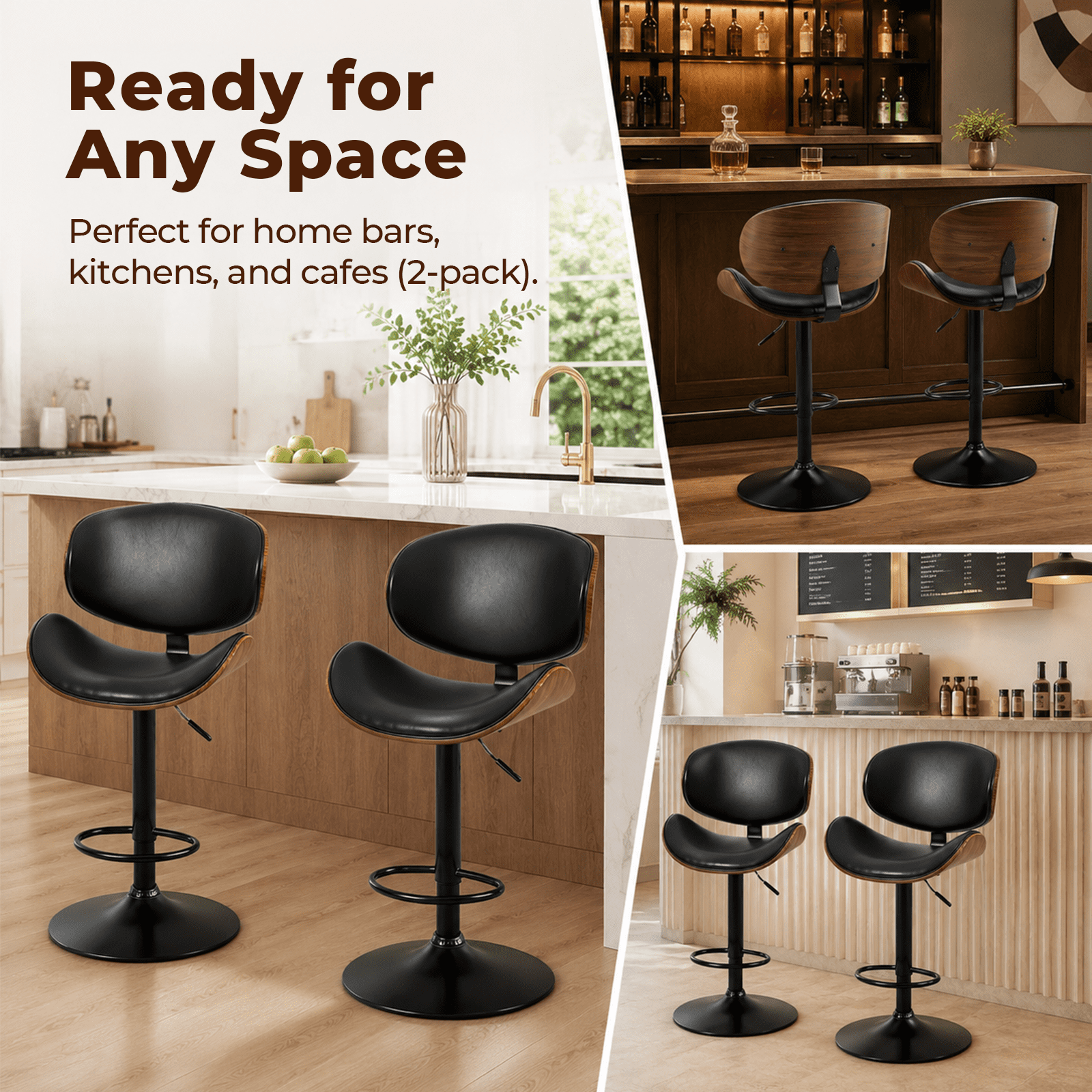 Alvantor 2-Pack Swivel Bar Stools, for Kitchen Counter, Adjustable Bar Height Chairs, Modern PU Leather Upholstered Bar Chair with Back and Footrest, for Bar, Kitchen Island, Dining Room