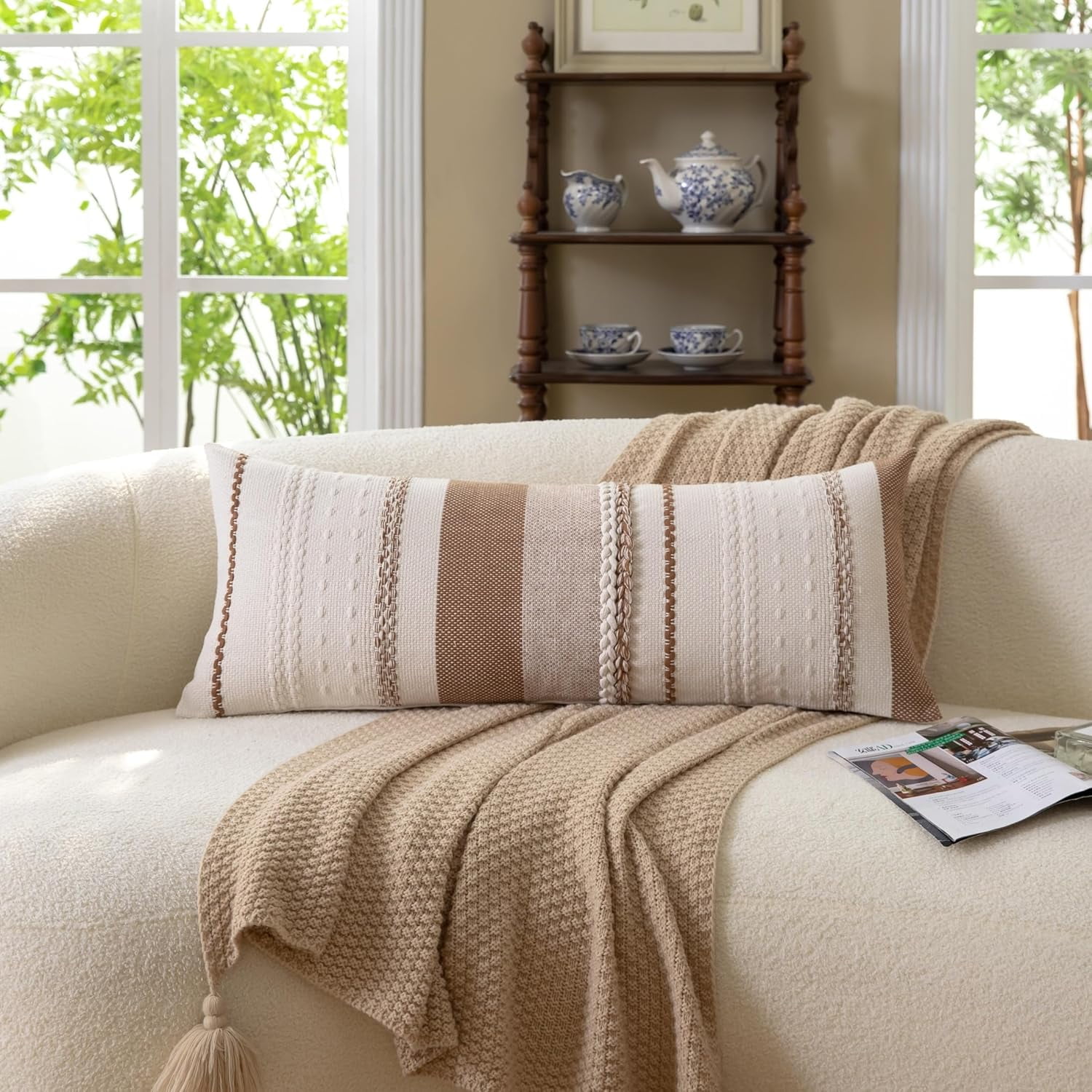 Lumbar Pillow Covers 14x36 Inch Long, Brown Textured Decorative Couch Pillow Cases for Farmhouse Home Decor, Accent Cushion Cover for Sofa, Bed, Living Room, Bedroom, Pack of 1