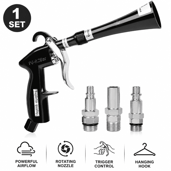 Pneumatic Car Cleaning Air Blow Gun with 3 Air Fittings, Black