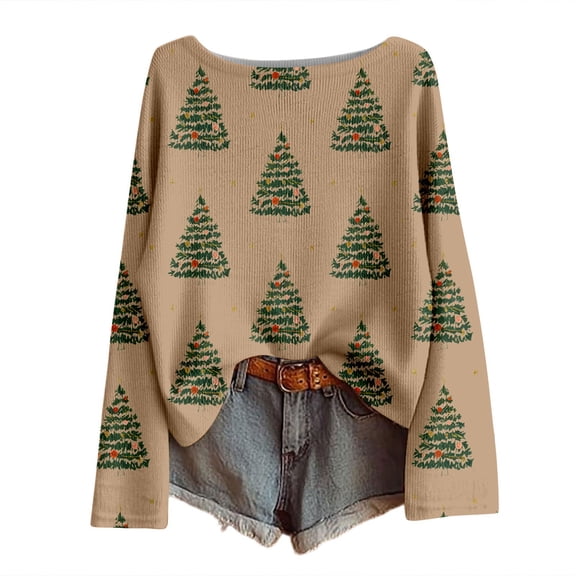 Christmas Sweaters for Women Funny Xmas Tree Print Hollow Knitted Blouses Holiday Casual Trendy Crew Neck Loose Fit Pullover Tops