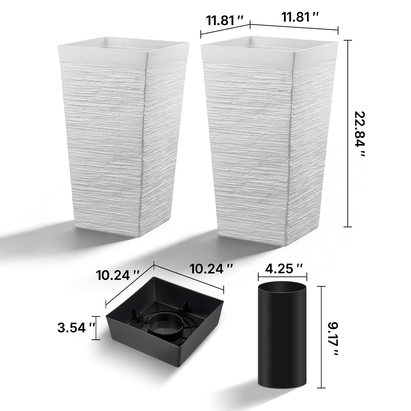 KFFKFF Set of 2 Tall Planters, 23in Large Tapered Pots for Indoor and Outdoor Use, Modern Plastic Flower Containers with Wheels, Inner Pot, and Drainage Holes for Patio, Garden, and Porch, White