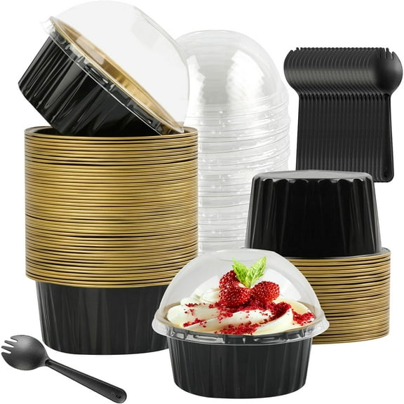 50 Pcs Mini Cake Pans With Lids, 5oz Aluminum Foil Cake Pans With Lids, Disposable Cupcake Baking Cups Containers, Cupcake Liners Pie Tins for Pudding, Souffle, Party, Wedding