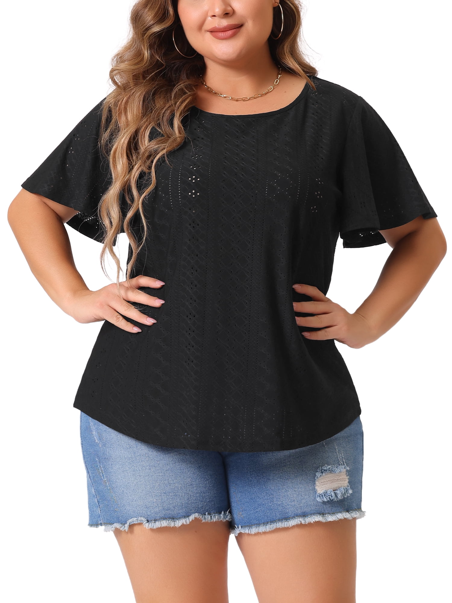 DARING DIVA Women's Plus Round Neck Hollow Flare Sleeve Casual Blouse 2X Black