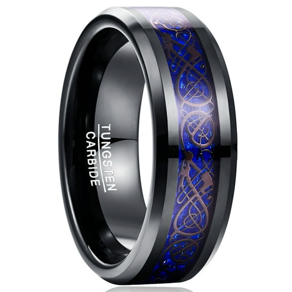 8mm Black Blue Tungsten Rings for Unisex Celtic Dragon Wedding Band Carbon Fiber Inlay
