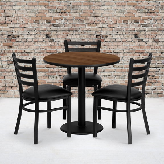 Emma   Oliver 30" Round Walnut Laminate Table Set, 3 Ladder Back Metal Chairs