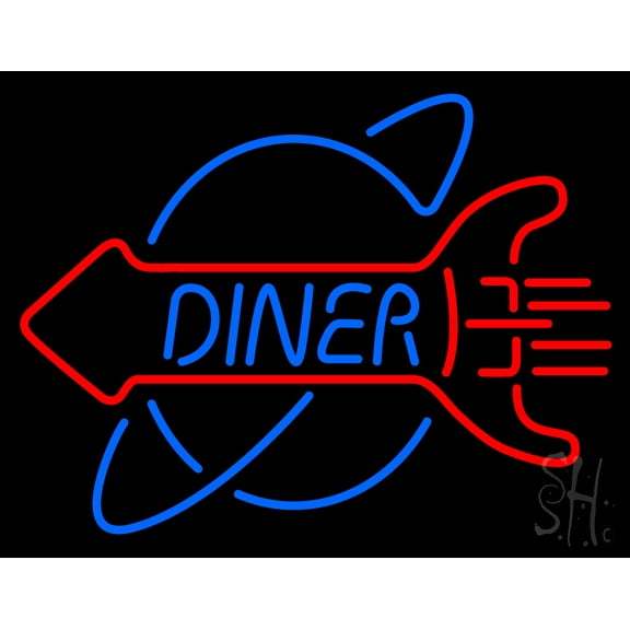 1950s Rocket Diner LED Neon Sign 15 x 19 - inches, Clear Edge Cut Acrylic Backing, with Dimmer - Bright and Premium built indoor LED Neon Sign for restaurant window and interior decor.