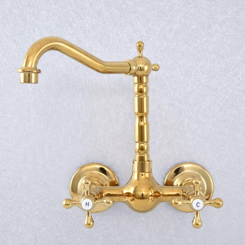 Bathroom Sink Faucet, Kitchen Faucets Gold Polished Brass Wall Mounted Kitchen Bathroom Sink Faucet Dual Handle Swivel Spout Hot Cold Water Tap
